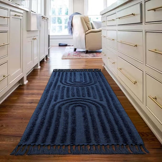 LEEVAN Washable Kitchen Runner 2'X5', Hand-Woven Bathroom Rug With Tassels, Dark Blue Entryway, Tufted Rainbow Bedroom, Farmhouse Hallway for Laundry/Living Room