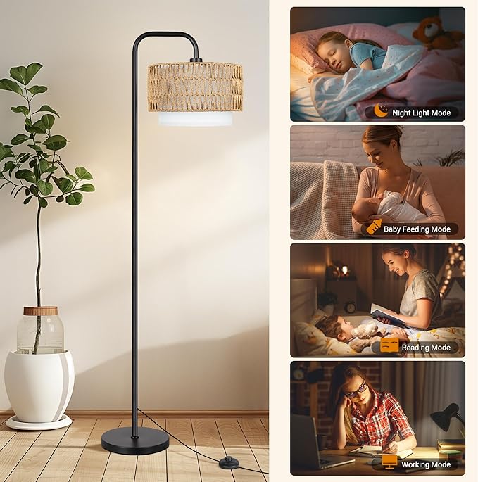 PARTPHONER 68‘’Floor Lamp for Living Room with 3 Color Temperatures, Farmhouse Standing Lamp with Remote & Dimmable Bulb, Boho Lamp Rattan & Fabric Shades, Black