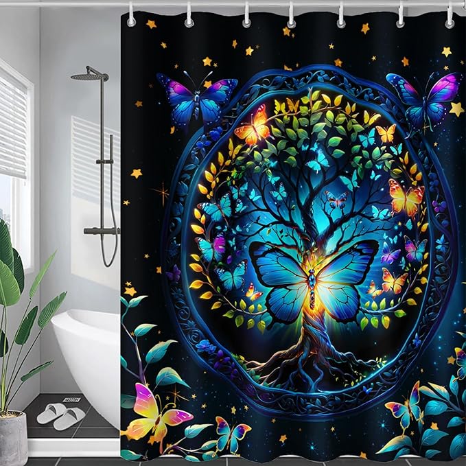 AILONEN Tree of Life Shower Curtain for Bathroom,Glowing Butterfly Starry Bath Curtain,Modern Tree Floral Print Curtain Decoration Waterproof with 12 Plastic Hooks for Boys Girls Adults 72" W*84" H