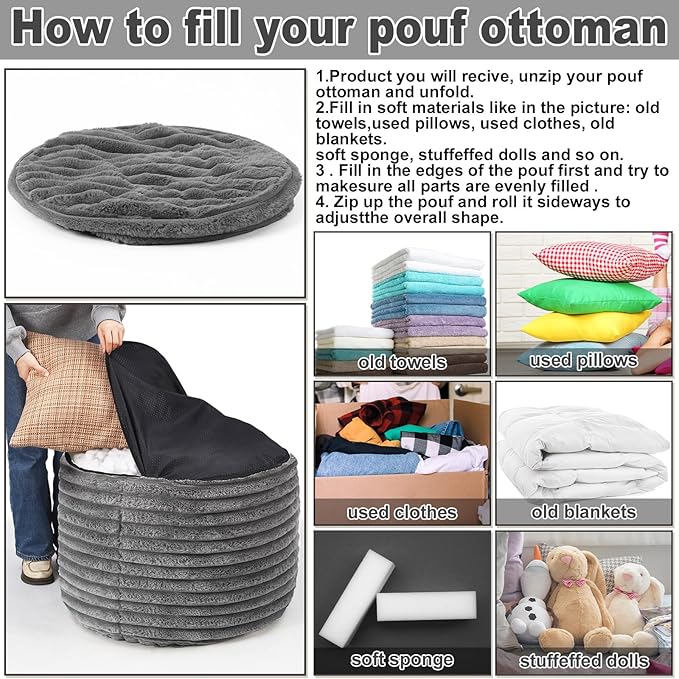 2 Pcs 26 x 18 Inch Unstuffed Pouf Cover Ottoman Foot Rest - No Filler, Faux Rabbit Fur Foot Stool Floor Bean Bag Floor Chair Storage for Living Room Bedroom Home Decor(Gray)