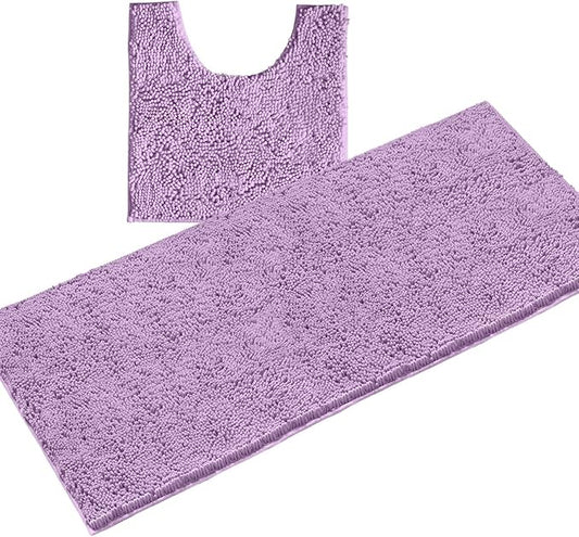 LuxUrux 2-Piece Bathroom Rug Set – Plush Chenille Runner & U-Shaped Toilet Mat, Soft, Absorbent & Non-Slip Design (20x20 U & 27x47 inches, Lavender)