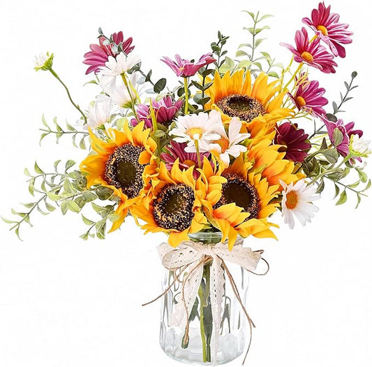 LUEUR Artificial Faux Flowers in Vase for Home, Fake Flowers Arrangment with Pot, Sunflower Silk Daisy Bouquet for Fall Spring Decor Coffee Table Dinning Room Kitchen Centerpiece Table Decorations