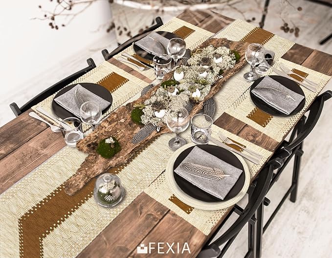 FEXIA Boho Placemats Set of 4, Macrame Table Decor and Farmhouse Style Placemats Natural Cotton Burlap, for Dining Table, Caramel