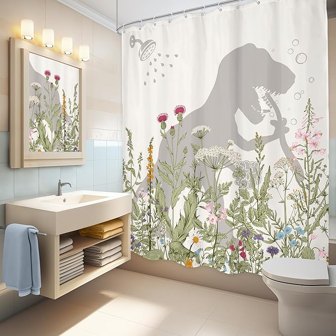 LGhtyro Wildflower Dinosaur Kids Shower Curtain Bathroom Set 71Wx71H Inches Funny Dino Silhouette Floral Rustic Plant Leaves Botanical Bath Accessories for Boys Art Home Decor Fabric 12 Pack Hooks