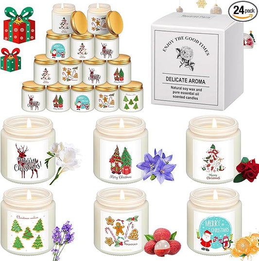 MTLEE 24 Pack Christmas Scented Candles Bulk 7 oz Jar Candles Aromatherapy Long Lasting Candles for Gifts Holiday Meditation Relaxing Spa Home Yoga, 6 Fragrance (Cute,Fresh Scent)