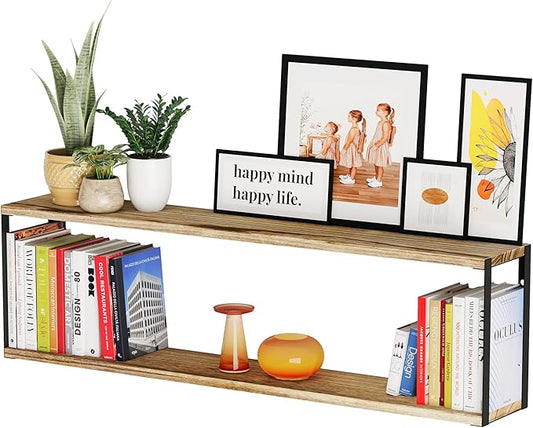 Wallniture Roca 36"x6" Bookshelf for Living Room Decor, 2 Tier Floating Shelves for Office Supplies, Entryway, Bathroom Organizer Shelf, Burnt Finish