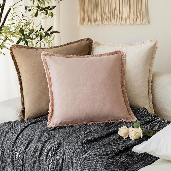 Foindtower Set of 2 Decorative Linen Fringe Throw Pillow Covers Boho Farmhouse Cushion Cover with Tassels Soft Accent Pillowcase for Couch Chair Sofa Bed Living Room Home Decor,20×20 Inch,Light Pink