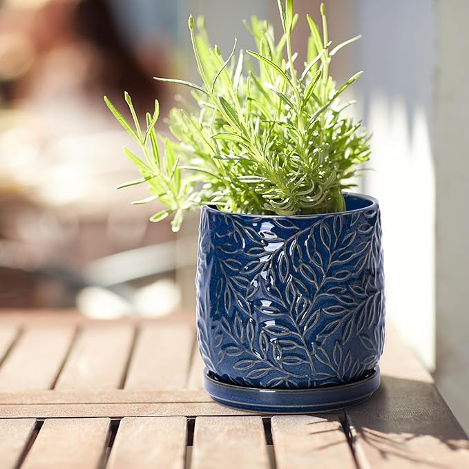 D'vine Dev 4 Inch Embossed Leaves Stoneware Planter Pot with Drainage Hole and Saucer, Midnight Blue, 27-A-Z-3