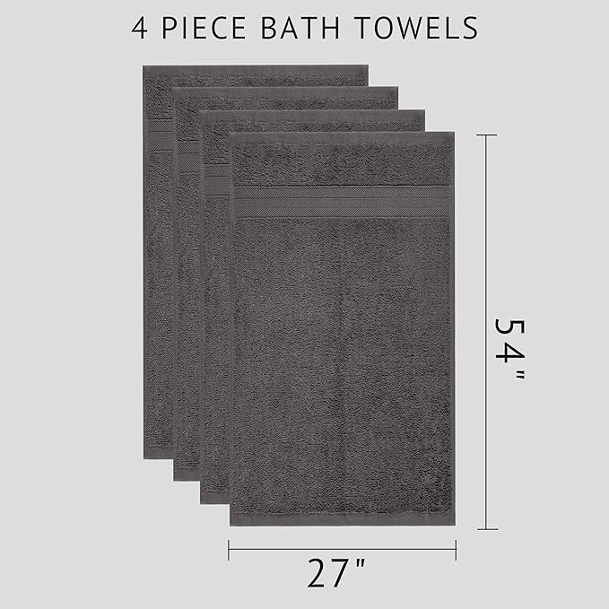 Quick-Dry, Soft & High Absorbent Bath Towels 27"x54" Cotton Turkish Bath Towel Set of 4 | Daily Use 100% Cotton Towels for Bathroom, Gym & More | Bathroom Towels Set (4 Pcs, Grey)