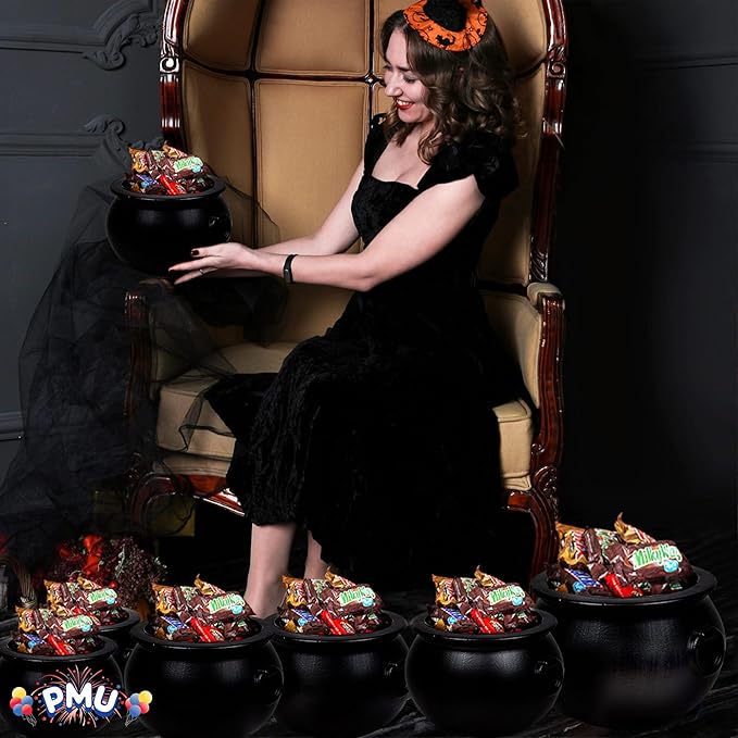 PMU 7pc Halloween Cauldron - Multi-Pack Assortment Plastic Candy Holder for Kids - Halloween Party Favors & Supplies - Black - (1) 16", (3) 8", (3) 6"