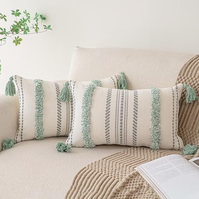 Boho Throw Pillow Covers 12x20 Set of 2 Woven Tufted Farmhouse Pillows Cover with Tassels Textured Striped Cushion Case Lumbar Pillow Cases Decorative Pillowcase for Couch, Bed, Light Green