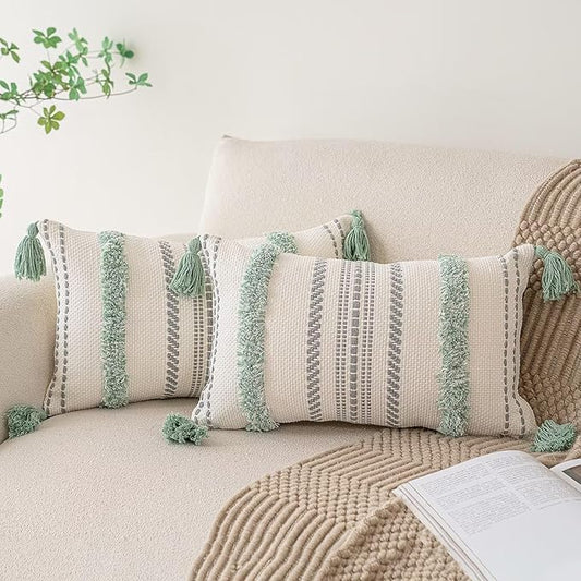 Boho Throw Pillow Covers 12x20 Set of 2 Woven Tufted Farmhouse Pillows Cover with Tassels Textured Striped Cushion Case Lumbar Pillow Cases Decorative Pillowcase for Couch, Bed, Light Green