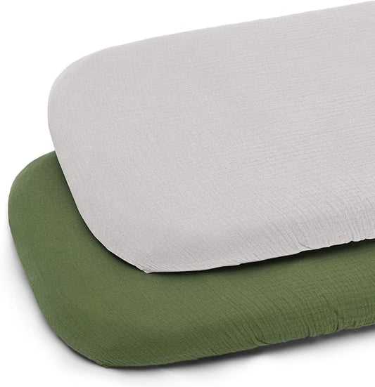 Muslin Bassinet Sheet for Baby Boy and Girl-2 Pack 17"x 33" Soft Bedside Bassinet Sheets Fitted for Rectangle, Round, Oval, Hourglass Mattress-Neutral Boho Olive Green & Beige Colors