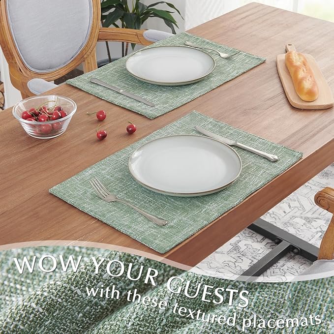 JINCHAN Burlap Textured Placemats Set of Four Farmhouse Cloth Place Mats Table Mats Sturdy Fabric Placemats for Kitchen Dining Table Double Layer Heat Resistant Tablemats 13 x 19 Inch Sage Green
