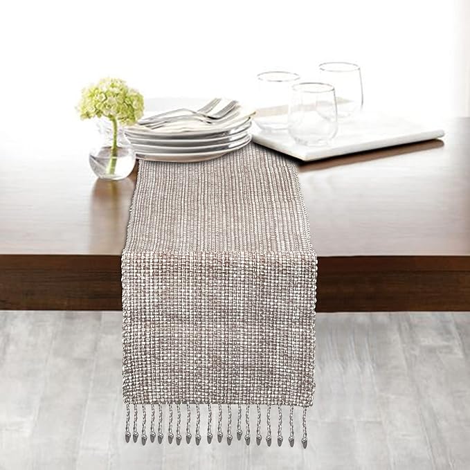 Urban Villa, 100% Cotton Two Tone Table Runner,14''x 72'' Over Sized Taupe/White Two Tone Table Runner with Fringes, Every Day Use Heavier Quality Christmas Runners
