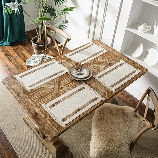 Boho Placemats Set of 4, Splicing Woven Placemat 12 x 19 Inches, Burlap Rustic Place Mat, Kitchen Table Heat-Resistant Table Mats