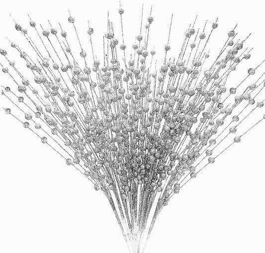 Artificial Berries Stems Ornaments 17 Inch, Sparkling Christmas Tree Picks, Glittery Berry Stems Fake Plant Picks and Branches for Xmas Wreath Ornaments Holiday Home DIY Decor - Silver 10 Pack