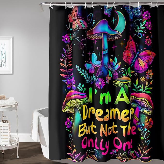 AILONEN Mushroom Shower Curtain,Colorful Butterfly Flower Decoration,Polyester Fabric,Waterproof,Botanical Fungus Plants Black Bath Curtains Washable,with 12 Plastic Hooks, 60" W x 72" H