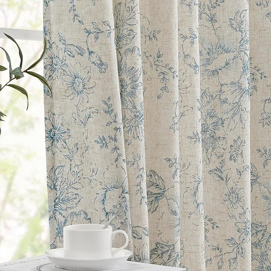 jinchan Linen Blend Curtain Floral Curtains for Living Room 90 Inch Length Blue Printed Curtain Rod Pocket Back Tab Farmhouse Peony Flower Patterned Drapes Bedroom Window Curtains Set 2 Panels