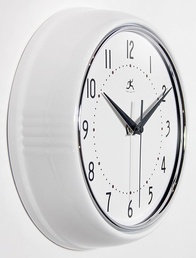 Infinity Instruments LTD. Retro 9 inch Silent Sweep Non-Ticking Mid Century Modern Kitchen Diner Wall Clock Quartz Movement Retro Wall Clock Decorative (White)…