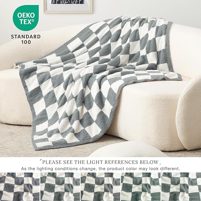 EXQ Home Checkered Throw Blanket, Knitted Blanket with Checkerboard Grid Pattern, Soft Cozy Fluffy Blankets for Couch Bed Sofa, Warm Fuzzy Plaid Blanket for All Seasons(Bluish Grey, 50"×60")
