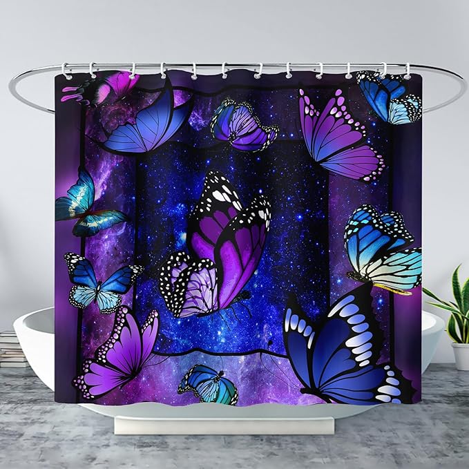 AILONEN Butterfly Shower Curtain for Bathroom Mystic Purple Galaxy Starry Decor Bath Curtain 72" W*72" H Polyester Fabric Waterproof Bathroom Curtain with 12 Hooks