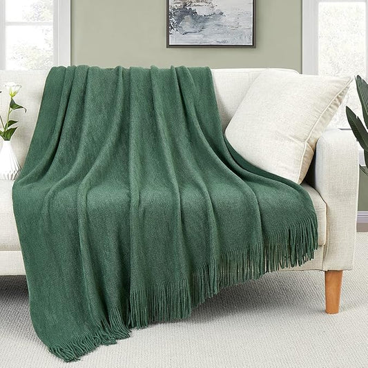 Homiest Decorative Knitted Throw Blanket with Fringe Soft & Cozy Tassel Blanket for Couch Sofa Bed (Dark Green, 50x60)