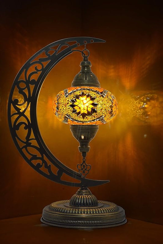mozaist Unique Moon Shaped Mosaic Table Lamp - Moroccan Handmade Bohemian Vintage Tiffany Stained Glass with US Plug and E12 Socket
