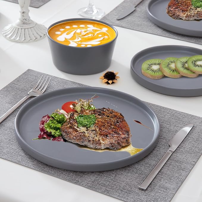 Asrug 12-Piece Plates and Bowls Sets,Ceramic Dinnerware Sets for 4, Chip Resistant and Scratch Dish Set, Dining Dinner Porcelain Dishware, Microwave and Dishwasher Safe (Gray)