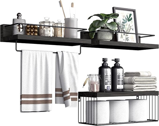 Bathroom Shelves Over Toilet for Wall, Floating Shelves with Storage Basket Paper Holer for Kitchen Living Room, Bedroom & Classroom, Set of 3 (Woodgrain Black)