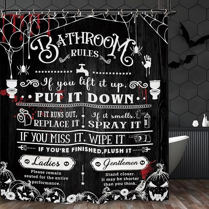 Halloween Bathroom Toilet Rules Shower Curtain 60Wx72L Inch Horror Spooky Scary Funny Pumpkin Holiday Bathroom Set Accessories Decor with 12 Pack Hooks