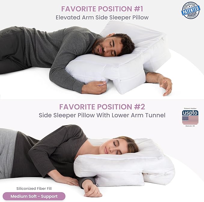 Medium Soft Support. Ergonomic Arm Holes Positioner. Bed Side Sleeper. Cervical Neck, Shoulder & Rotator Cuff Pain Relief. Fully Adjustable. Down Alternative Siliconized Fiber Fill