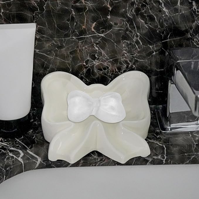 Bowknot Soap Dish, Bow Shaped Ceramic Drain Soap Box, Ceramic Soap Dish for Bathroom, Sinks, Kitchen (White)