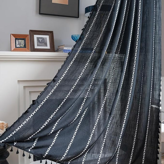 ColorBird Black Curtains for Living Room, 2 Panels Linen Curtains 84 Inches Long, Boho Room Darkening Black Drapes, Embroidered Window Curtains for Bedroom Door Office