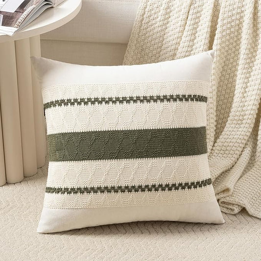 Fancy Homi Set of 1 Boho Olive Green Decorative Throw Pillow Cover 16x16 Inch for Couch Bed Sofa, Aesthetic Modern Organic Farmhouse Home Decor, Soft Cotton Cute Accent Macrame Woven Cushion Case