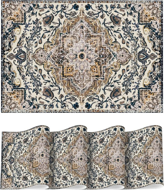 Artoid Mode Gray Boho Bohemian Vintage Placemats Set of 4, 12x18 Inch Plastic Woven Washable Non-Slip PVC Place Mats for Party Kitchen Dining Decor