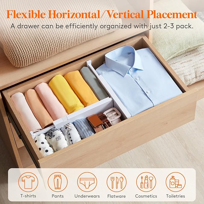 Lifewit 10 Pack Drawer Dividers 4" High,11-17" Adjustable Dresser Drawer Organizers for Clothes, Expandable Dresser Separators in Bedroom/Bathroom/Kitchen/Vanity/Office Organization and Storage, White