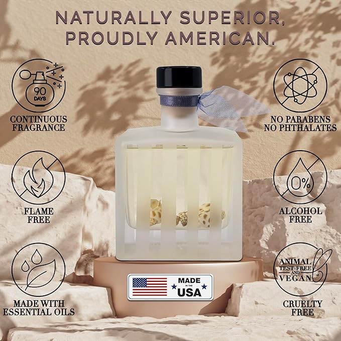 LOVSPA Ocean Driftwood Essential Oil Reed Diffuser Gift Set | Orange Blossom, Citrus, Driftwood, Patchouli & Vanilla | Decorated with Sea Shells! Modern Striped Glass Bottle | Made in The USA