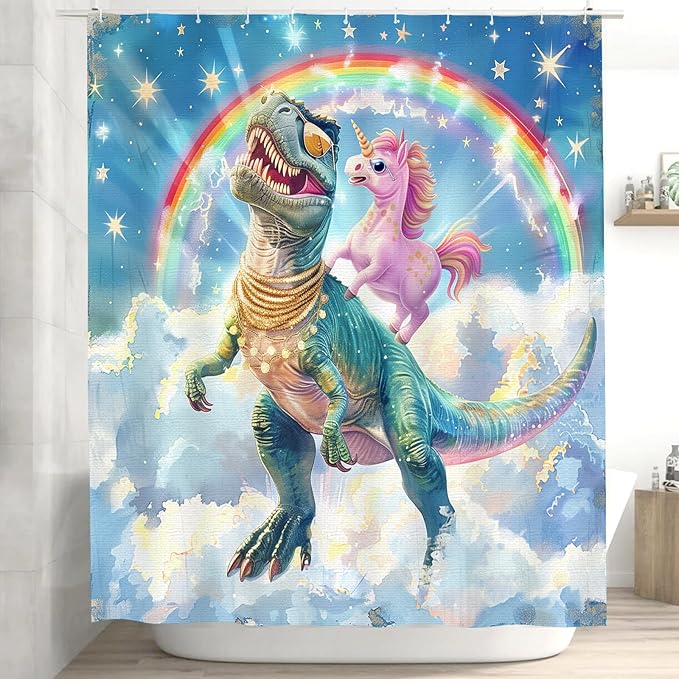 Dinosaur Shower Curtain for Bathroom, Dino Shower Curtain for Kids Boy,Funny Cartoon Dinosaur Polyester Shower Curtain Waterproof Washable Durable 12 Hooks 72"x72" Dinosaur Decor