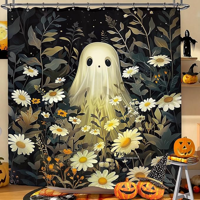 Halloween Ghost Shower Curtain 60Wx72L Inch Gothic Daisy Night Leaves Flower Floral Holiday Bathroom Set Accessories Decor with 12 Pack Hooks