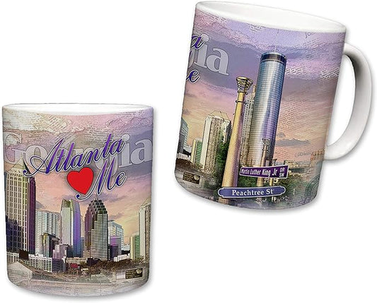 Sweet Gisele | City of Atlanta Mug | Ceramic Coffee Cup | Downtown Skyline | Atlanta Loves Me Phrase | Georgia Print Fade | Vivid Colorful Detailing | Great Novelty Gift | 11 Fl. Oz