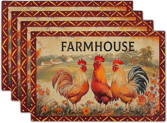 Farmhouse Rooster Placemats Set of 4 Vintage Chicken Farm Table Mats Rustic Country Style Heat Resisting Non-Slip Place Mat for Home Party Indoor Kitchen Dining Table Decoration 12x18 Inch