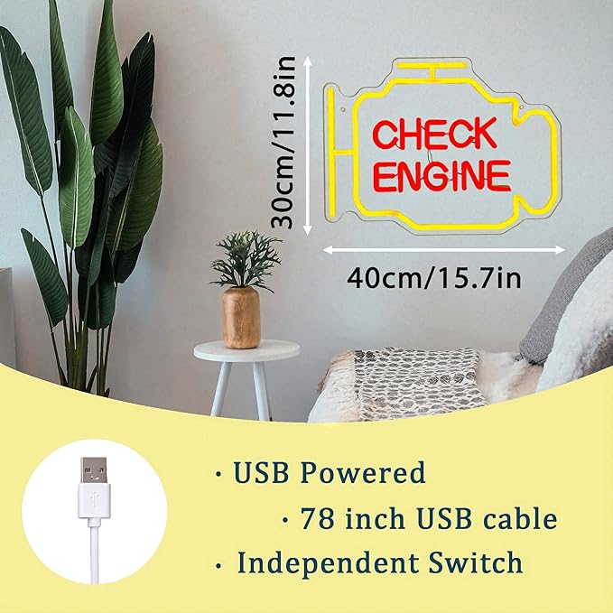 Check Engine Neon Signs for Wall Decor, Personalized LED Neon Garage Signs Car Check Neon Lights Sign, Garage Accessories Light Up Signs for Man Cave Auto Room Repair Shop Workshop Gaming Room Party