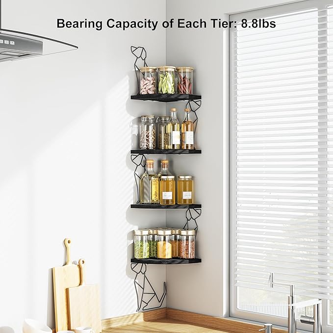 Alsonerbay Black Corner Shelf Wall Mount, 4 Tier Floating Shelves for Wall Storage, Rustic Wall Shelves Wood Shelves for Bedroom, Living Room, Bathroom, Entryway, Garage (Dog Shaped)