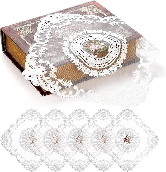 AVLA 6 Pack Lace Placemats, Retro French Style Cup Mat, Embroidered Dinning Table Place Mats, Fashionable Flower Vintage Crochet Lunchmat Doilies, Square Hollow Vase Mat for Home Wedding Decoration