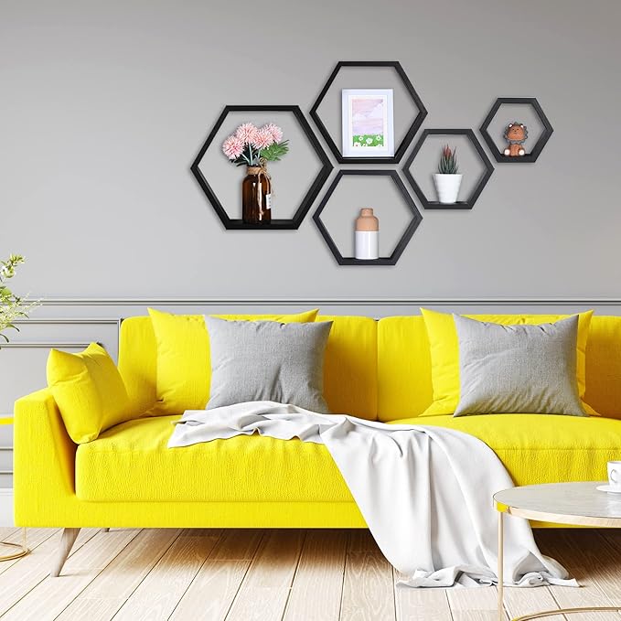 PHOENANCEE Hexagon Floating Shelves,Wall Mounted Wood Farmhouse Storage Honeycomb Wall Shelf Set of 5,for Bathroom, Kitchen, Bedroom, Living Room,Office,Home Room Wall Decor Driftwood Finish