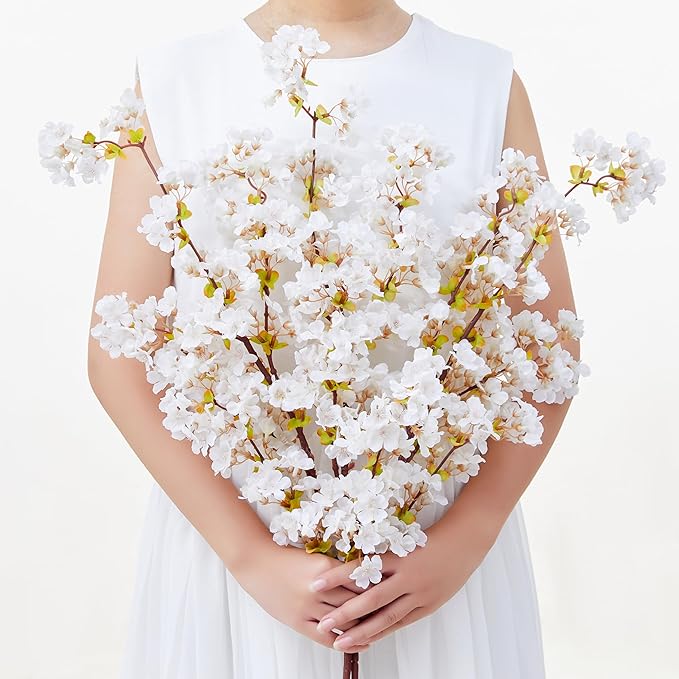 SITUMEIZI Artificial Cherry Blossom Branches Silk 39 Inch Faux Cherry Flowers Peach Tall Stems for Home Wedding Bedroom Table Japanese Real Touch Vase Decoration(3Pcs,Ivory White)
