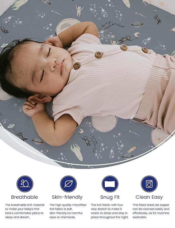 TotAha Space Crib Fitted Sheet, Super Stretchy Jersey Star Crib Sheets, Buttery Soft Boy Crib Mattress Sheets, Ultra Breathable Baby Bed Sheets 28x52x9 Extra Deep Pocket, 2 Pack