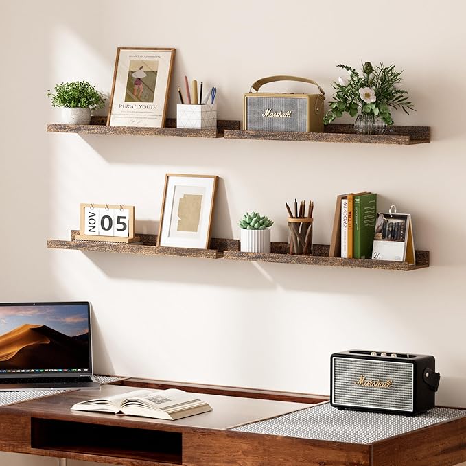 upsimples Floating Shelves for Wall, Wall Shelves for Decor Storage Set of 6, Wall Mounted Wood Shelves for Bedroom, Living Room, Bathroom, Kitchen, 23.6 inch Long Picture Ledge Shelves, Brown