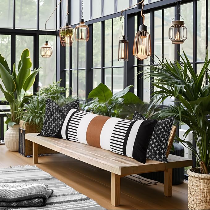 Long Body Lumbar Decorative Pillow Cover 14x36 Rectangle Boho Accent Cushion Case for Bed Couch Bench Faux Leather Pillowcase, Black (Cover ONLY, Pack of 1)